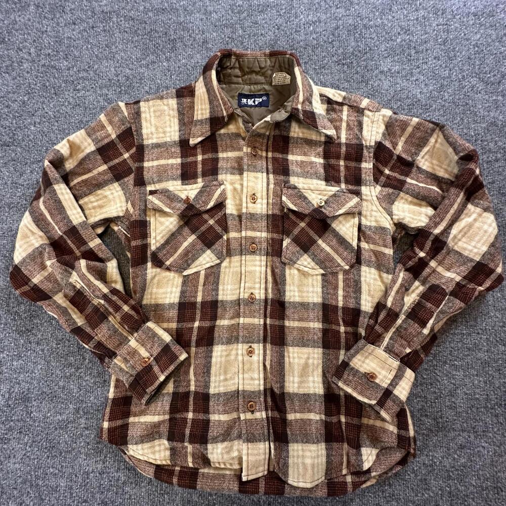 KP Wool Blend Plaid Flannel Shirt‎ S Vintage Style Button Front Brown Beige Q-33